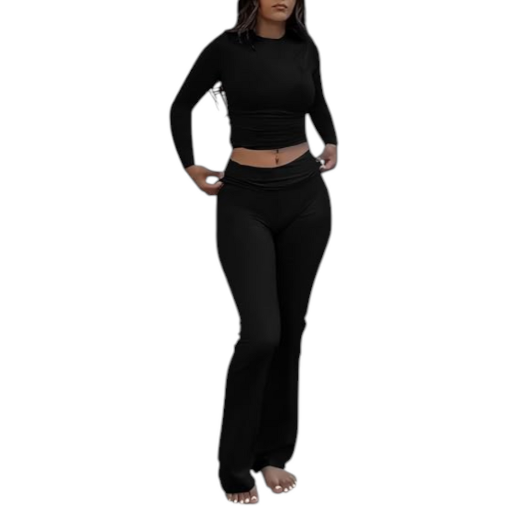 Womens Two Piece Lounge Set with Long Sleeve Top and Flare Pants Set