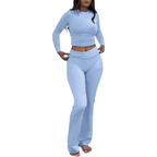 Womens Two Piece Lounge Set with Long Sleeve Top and Flare Pants Set