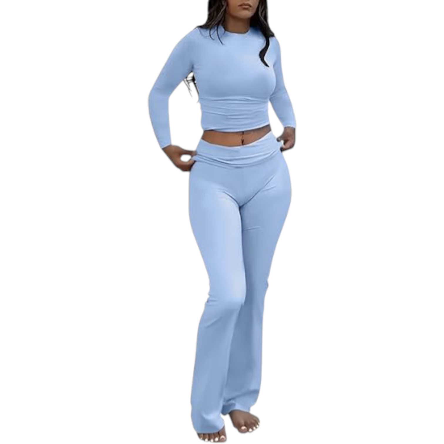 Womens Two Piece Lounge Set with Long Sleeve Top and Flare Pants Set