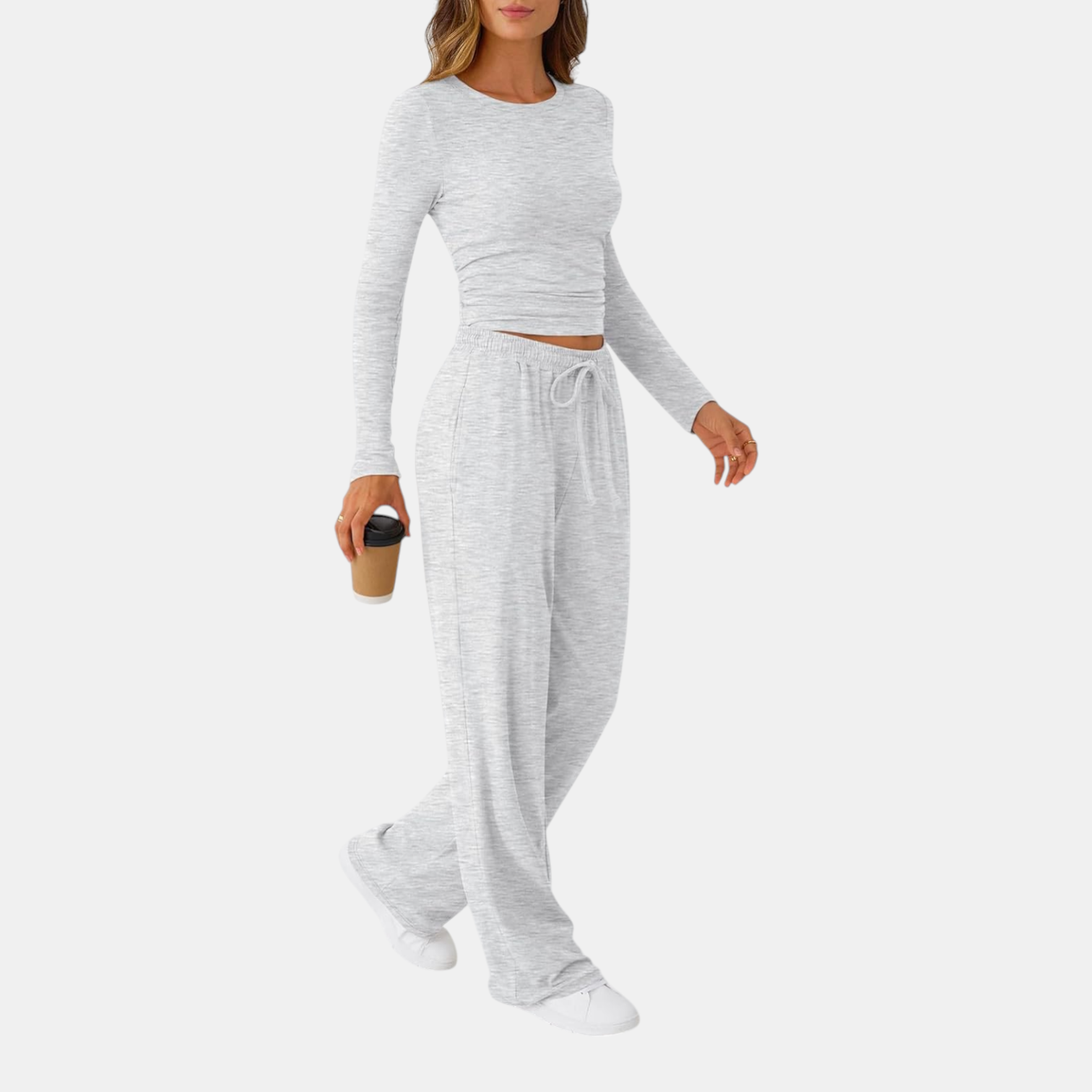 Womens Two Piece Lounge Set with Long Sleeve Top and Wide Leg Pants