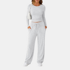 Womens Two Piece Lounge Set with Long Sleeve Top and Wide Leg Pants