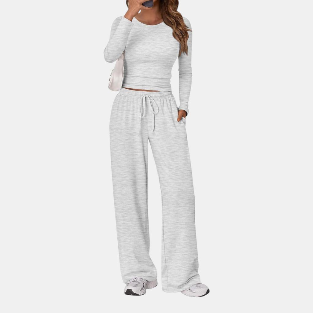 Womens Two Piece Lounge Set with Long Sleeve Top and Wide Leg Pants
