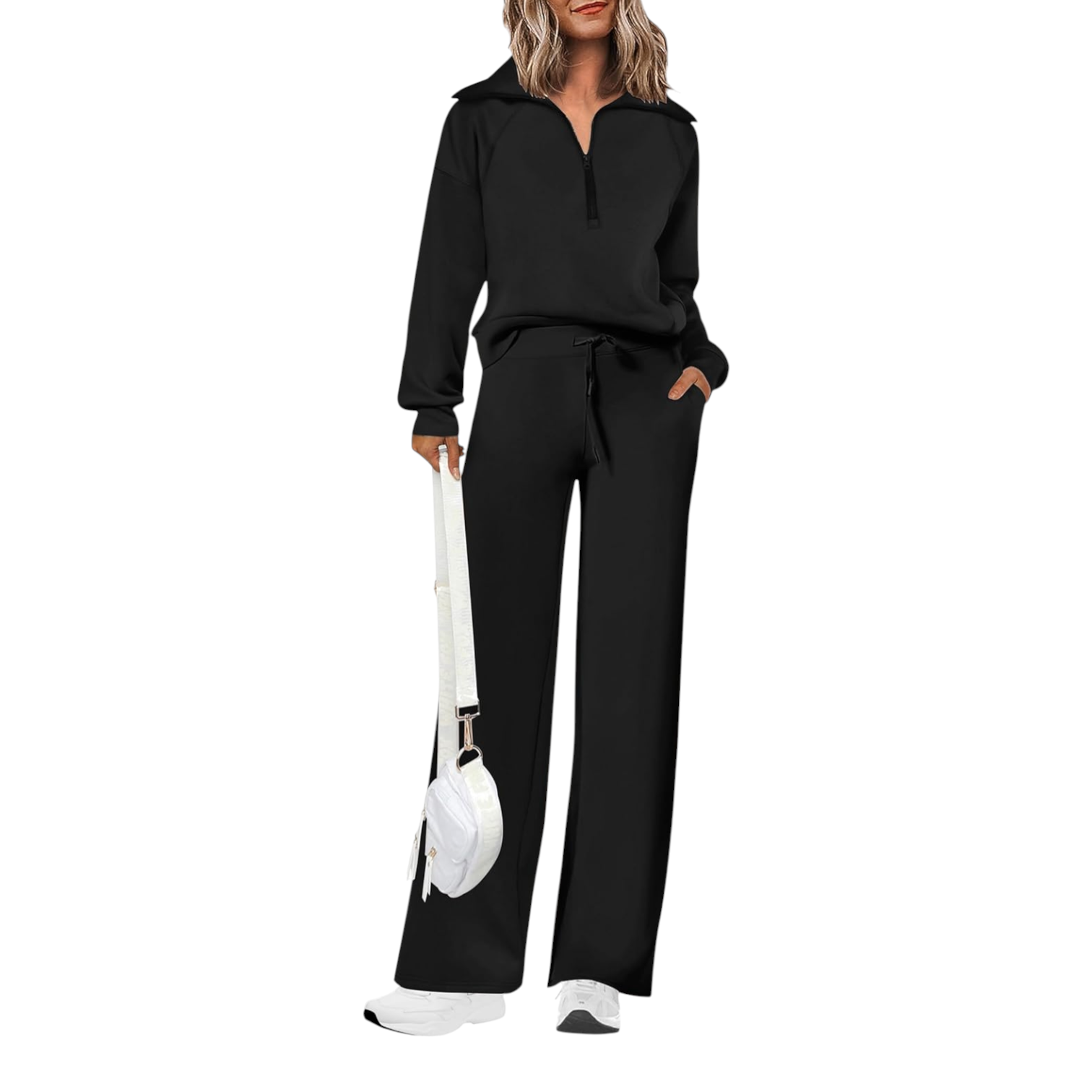 Womens Two Piece Lounge Set with Half Zip Pullover and Wide Leg Pants