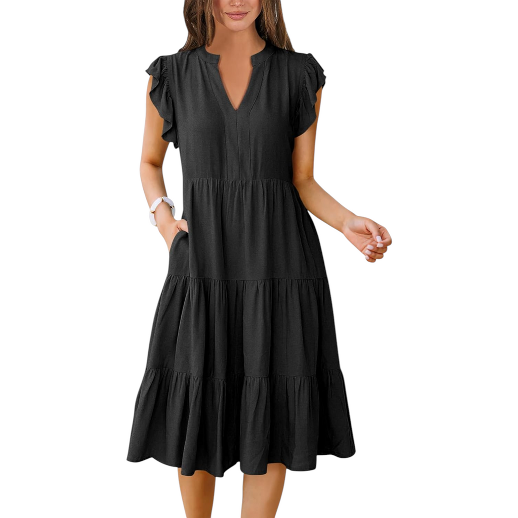 Womens V Neck Ruffle Sleeve Midi Dress