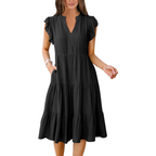 Womens V Neck Ruffle Sleeve Midi Dress