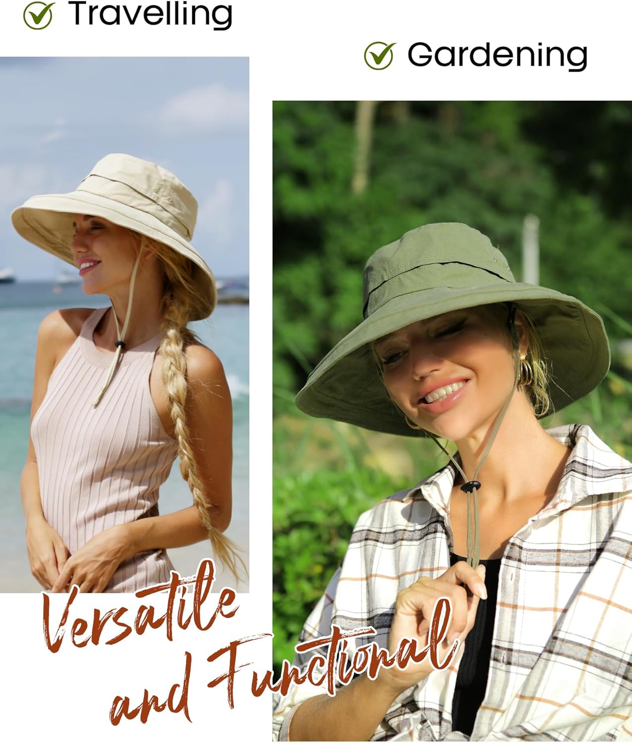 Womens Wide Brim Sun Hat with Chin Strap