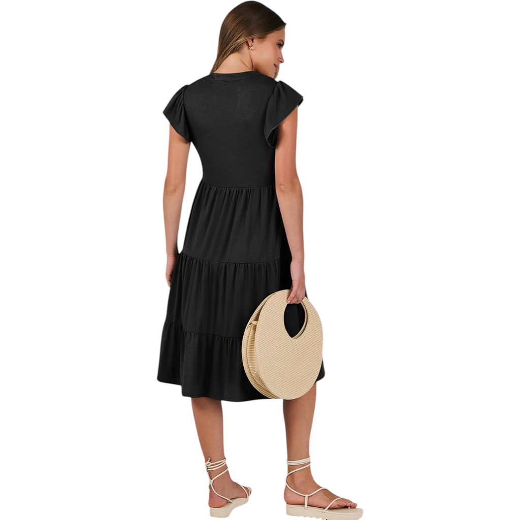 Womens V Neck Ruffle Sleeve Midi Dress