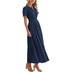 Womens V Neck Short Sleeve Midi Dress with Elastic Waist