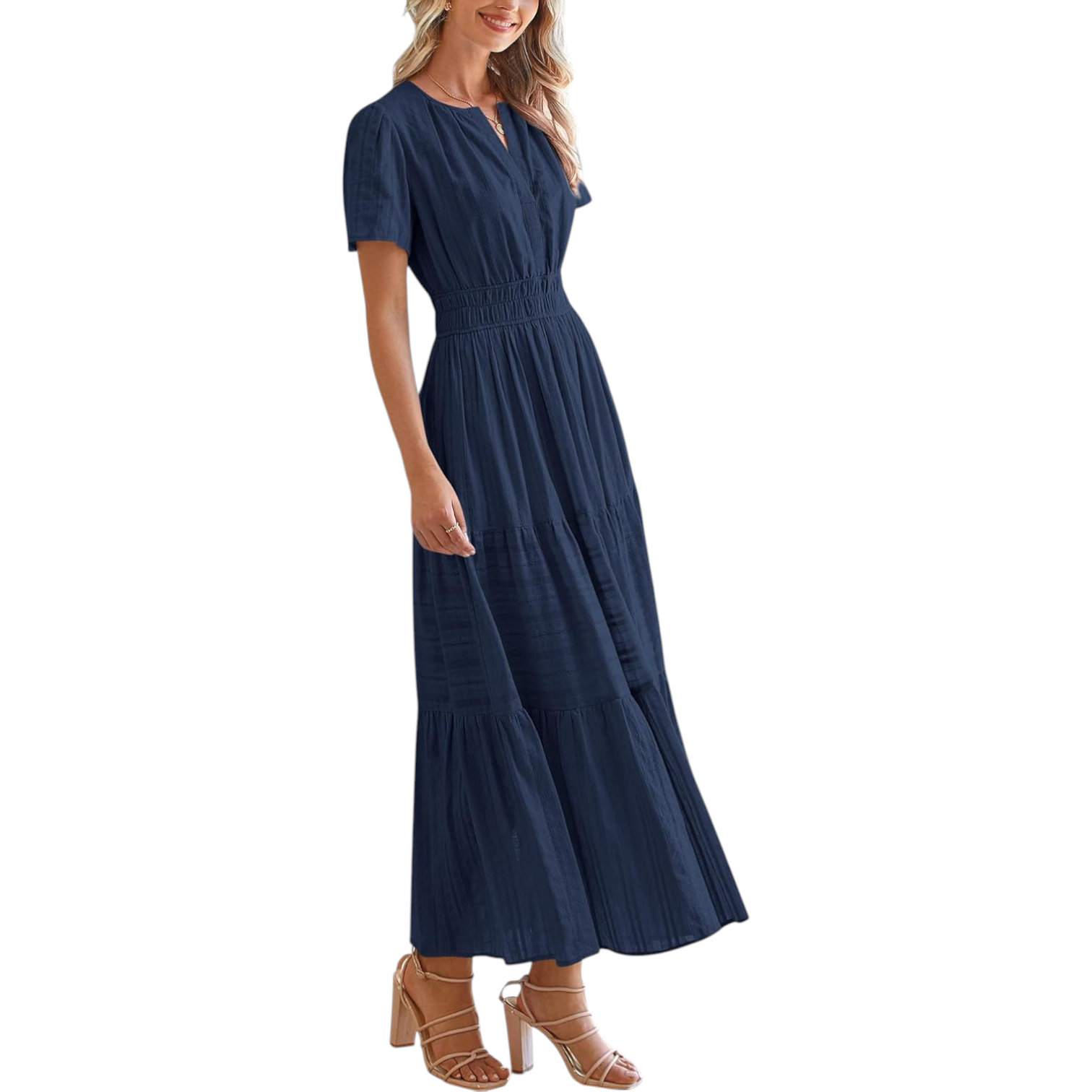 Womens V Neck Short Sleeve Midi Dress with Elastic Waist