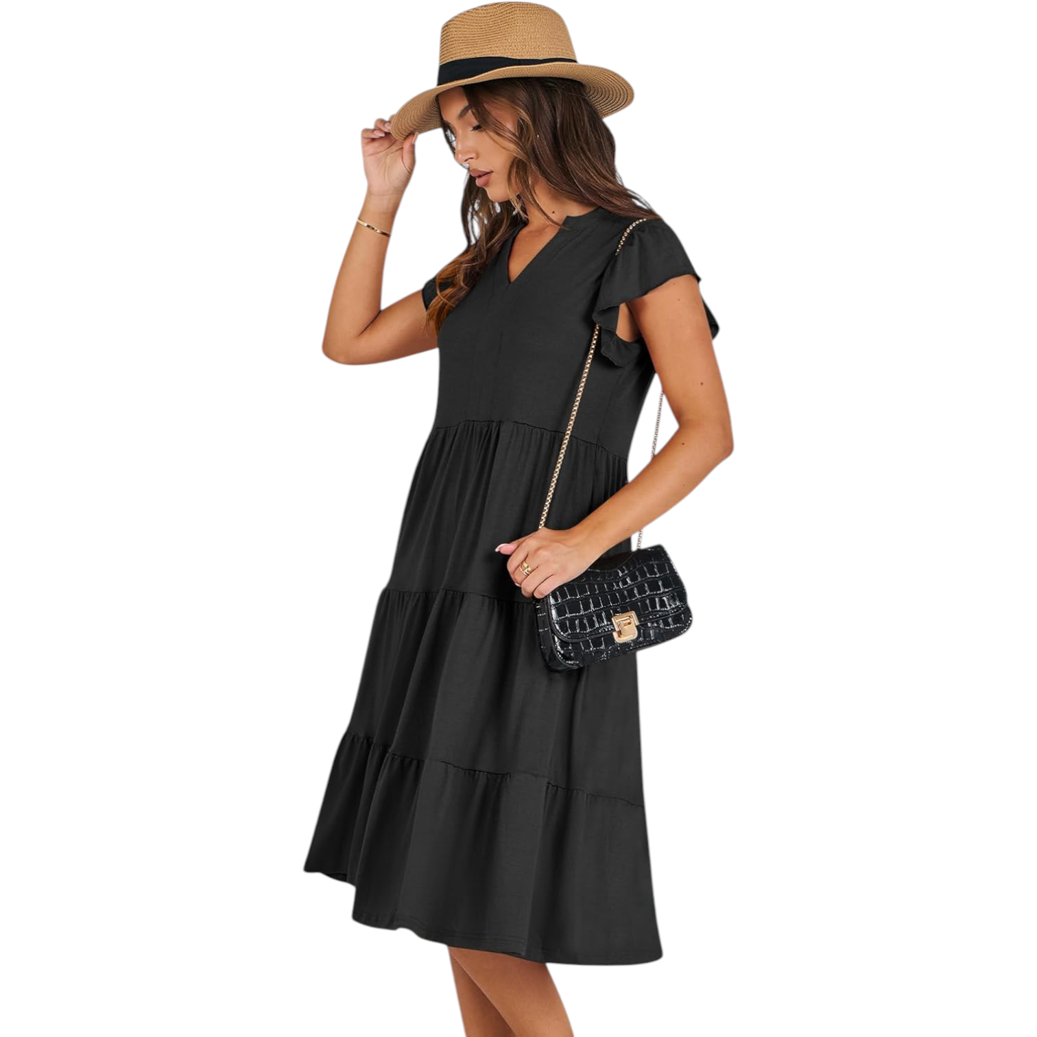 Womens V Neck Ruffle Sleeve Midi Dress