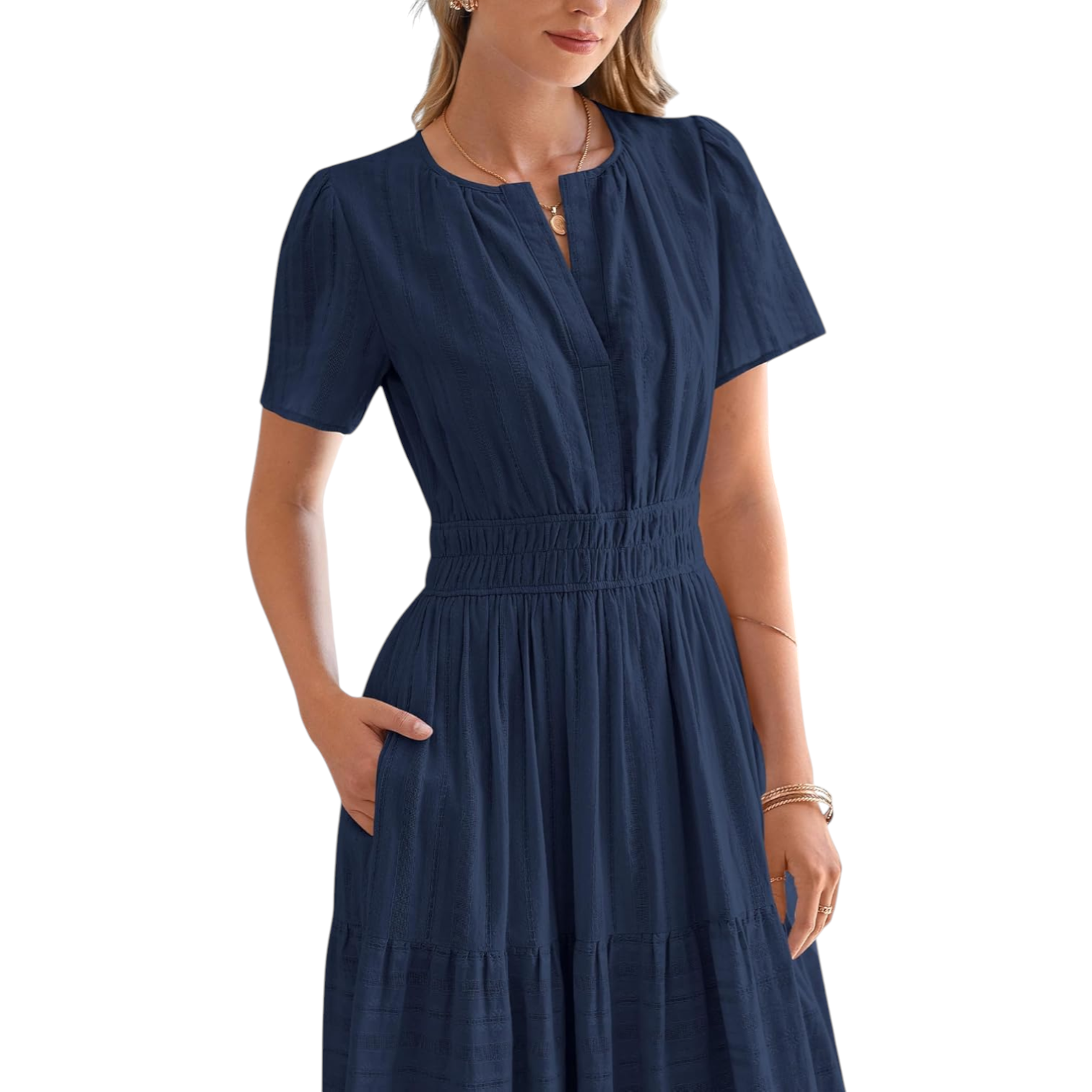 Womens V Neck Short Sleeve Midi Dress with Elastic Waist