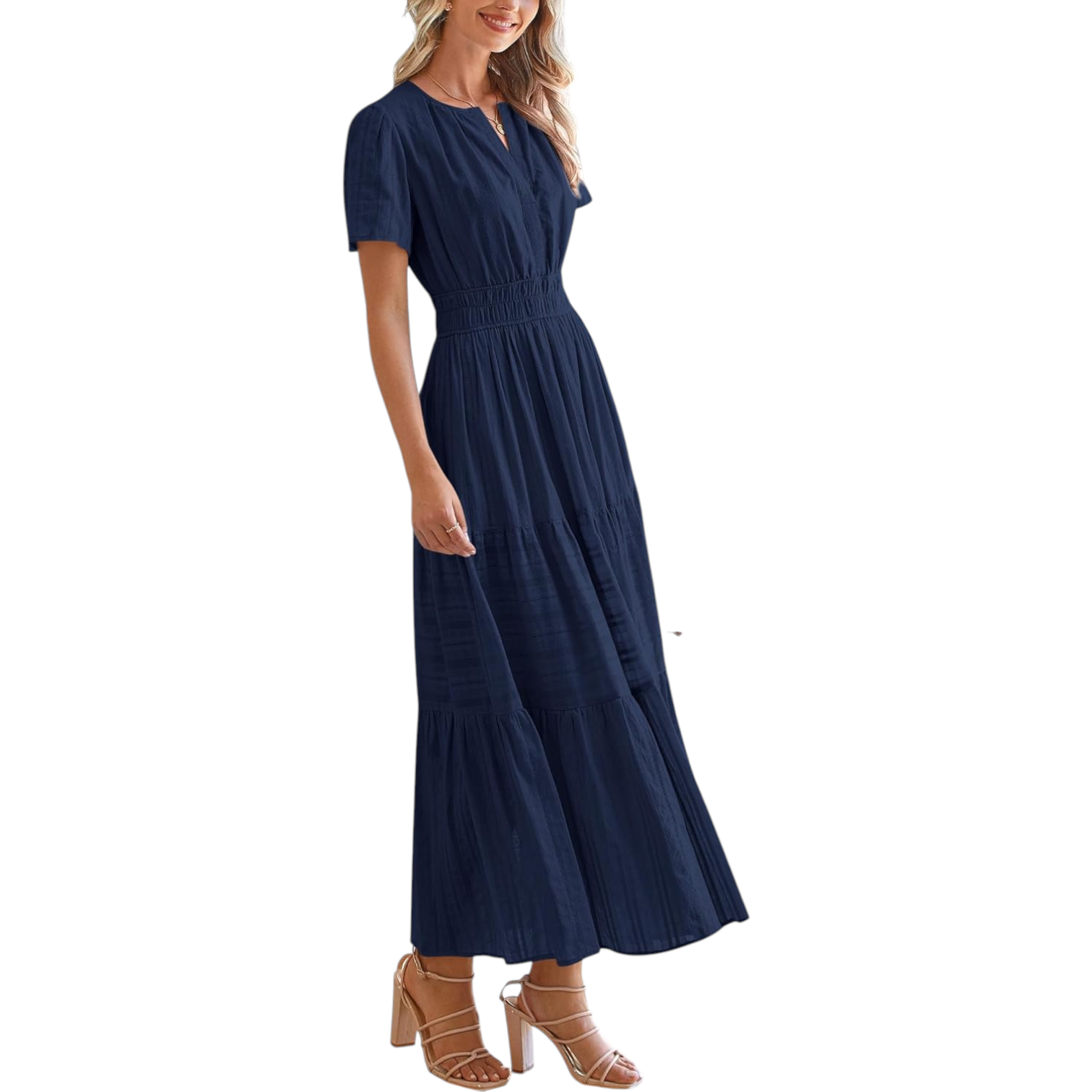 Womens V Neck Short Sleeve Midi Dress with Elastic Waist