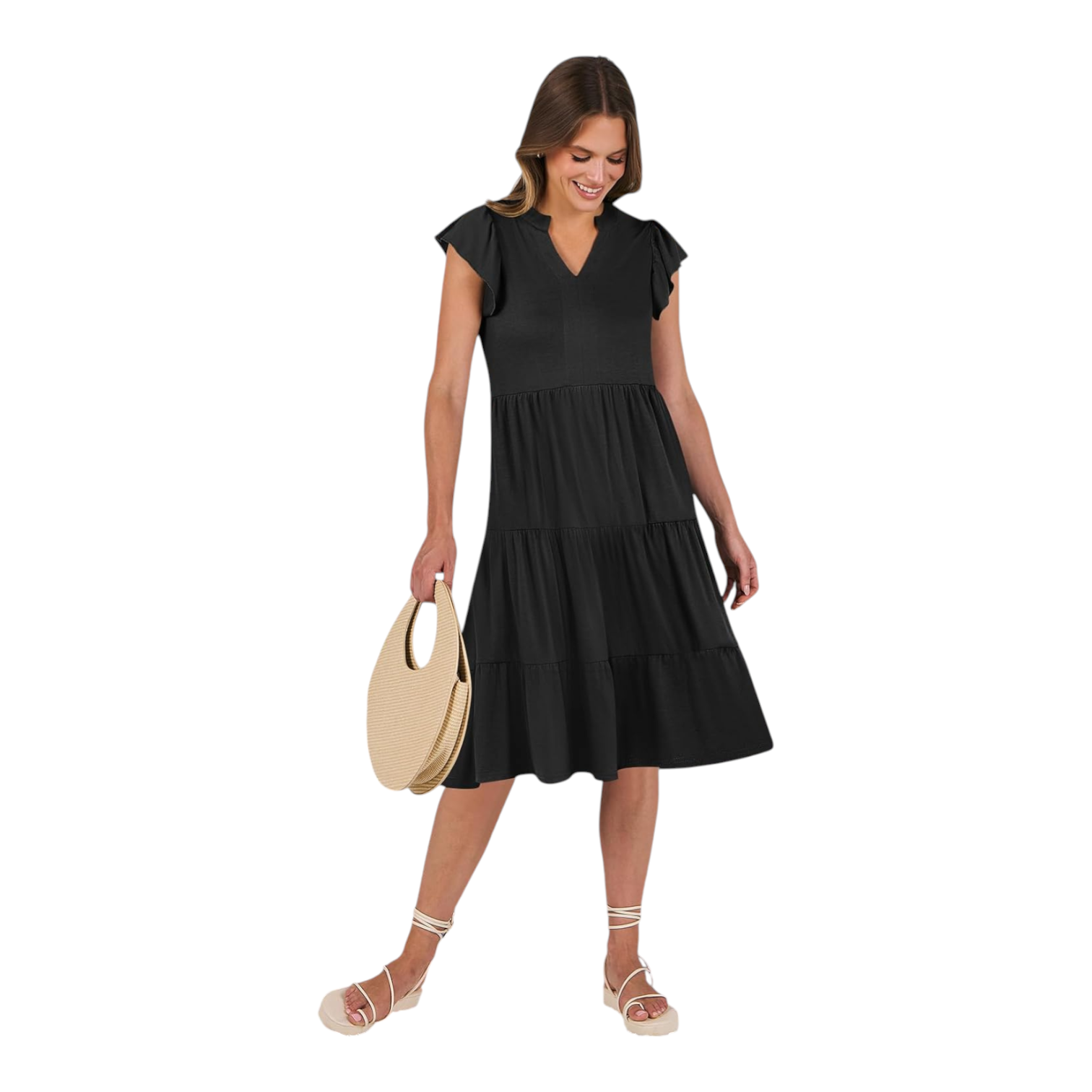 Womens V Neck Ruffle Sleeve Midi Dress