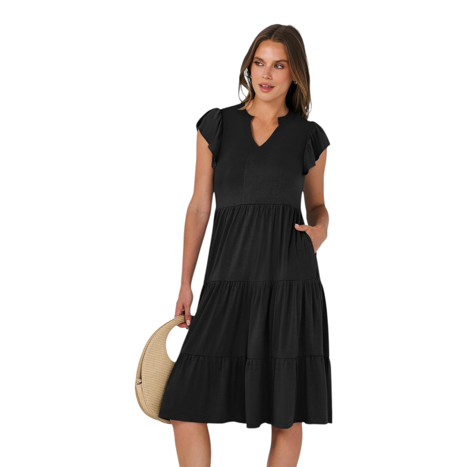 Womens V Neck Ruffle Sleeve Midi Dress