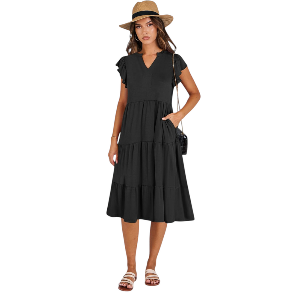 Womens V Neck Ruffle Sleeve Midi Dress