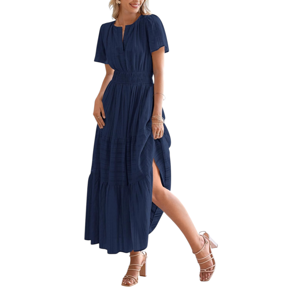 Womens V Neck Short Sleeve Midi Dress with Elastic Waist