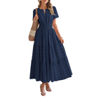 Womens V Neck Short Sleeve Midi Dress with Elastic Waist