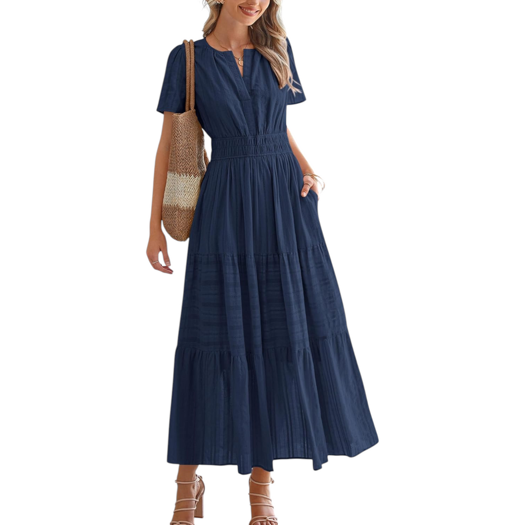Womens V Neck Short Sleeve Midi Dress with Elastic Waist
