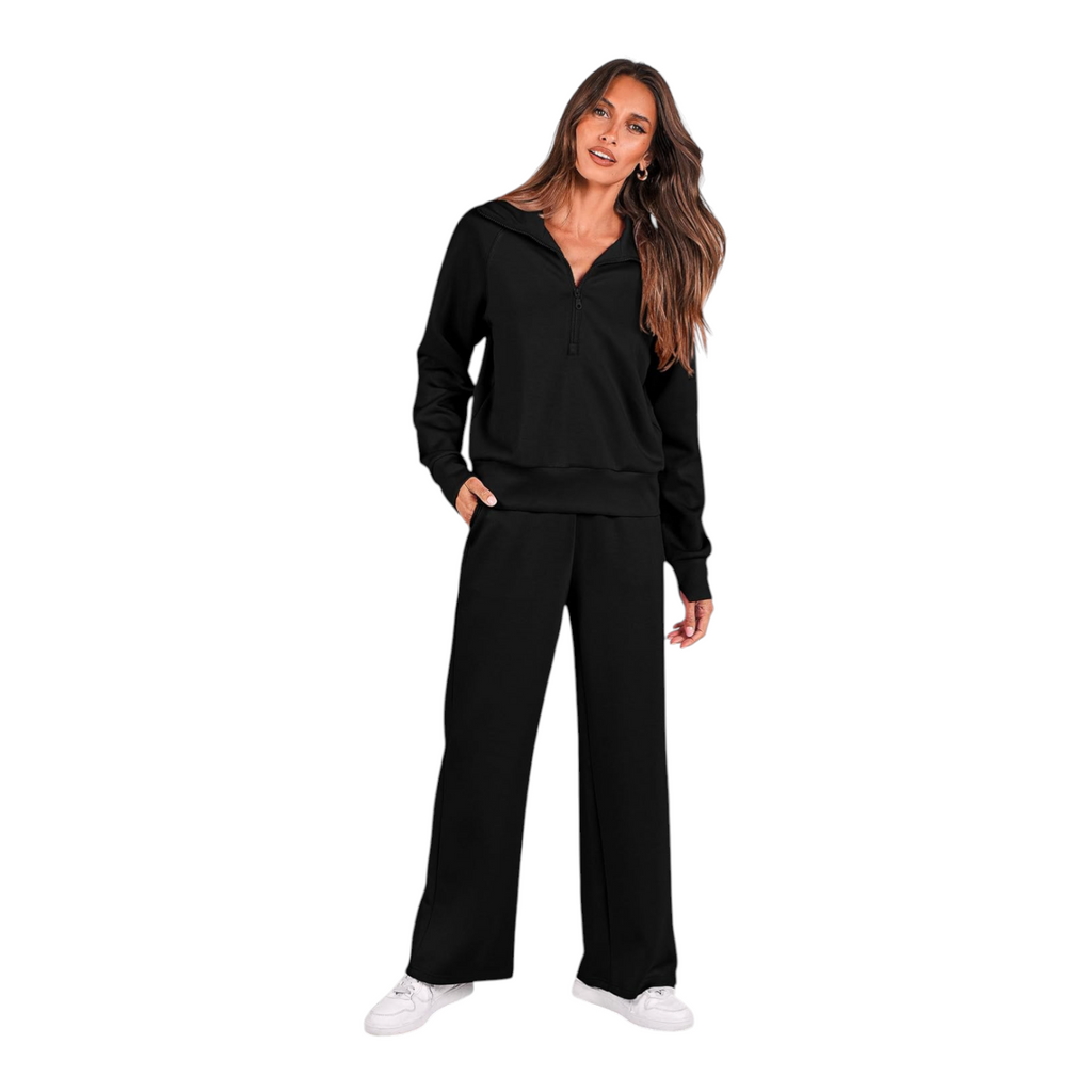 Womens Two Piece Lounge Set with Half Zip Pullover and Wide Leg Pants