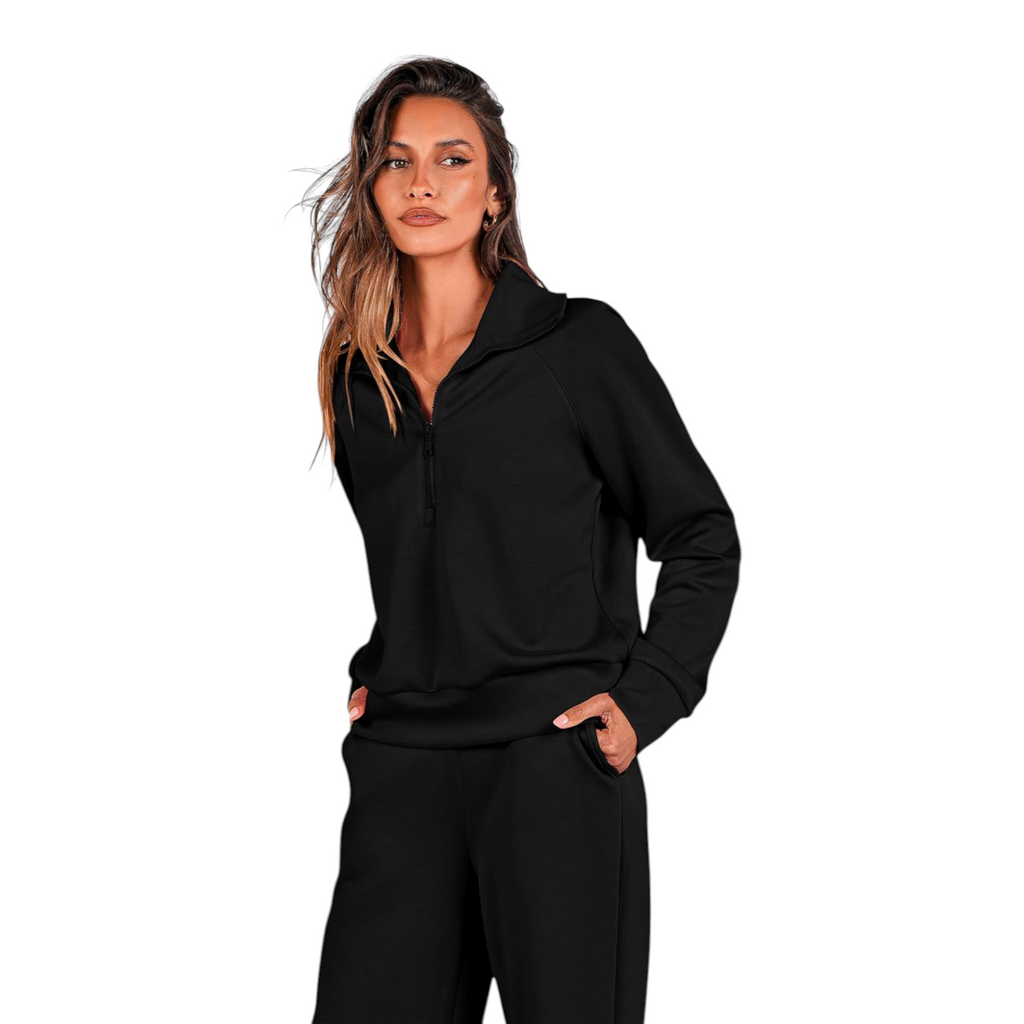 Womens Two Piece Lounge Set with Half Zip Pullover and Wide Leg Pants