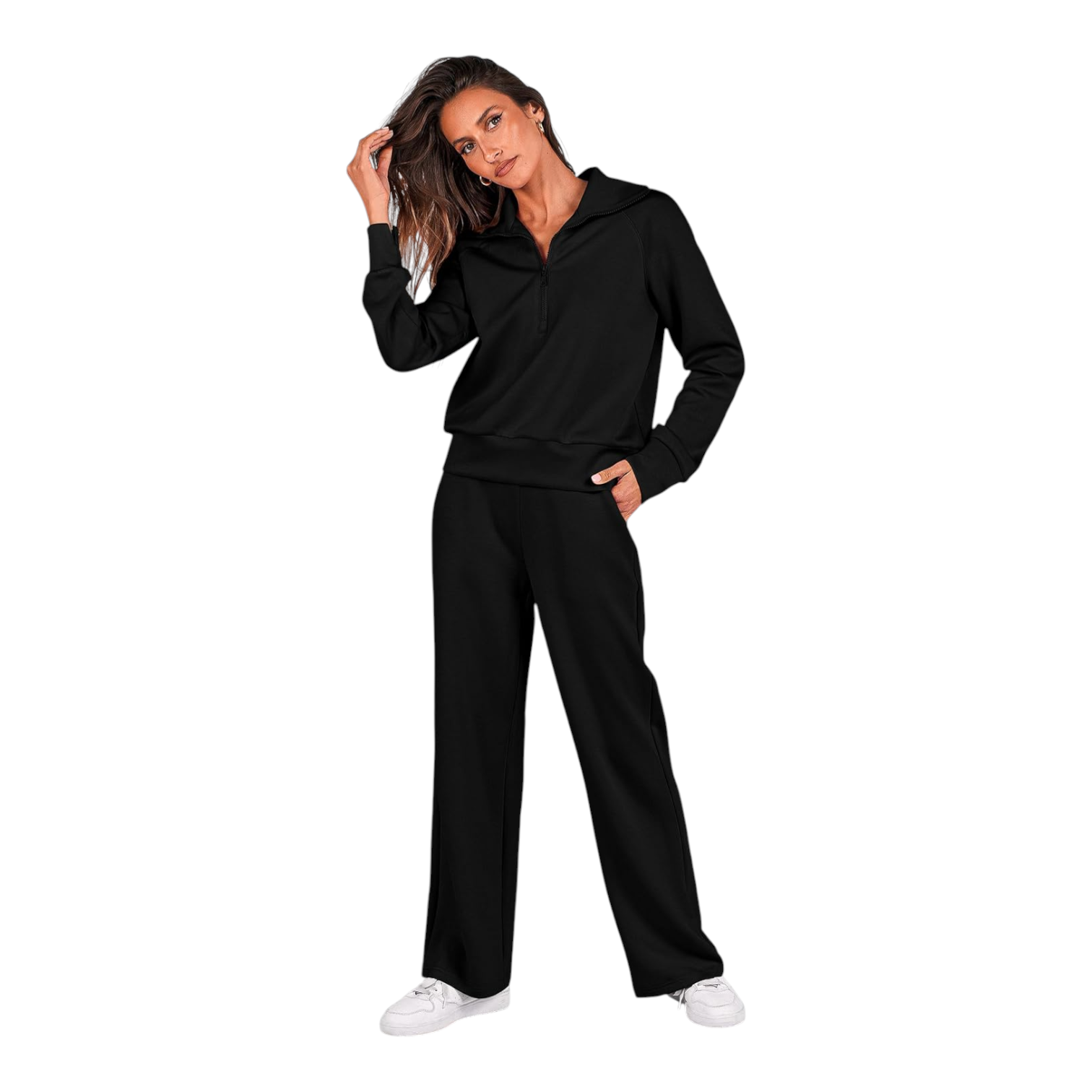 Womens Two Piece Lounge Set with Half Zip Pullover and Wide Leg Pants
