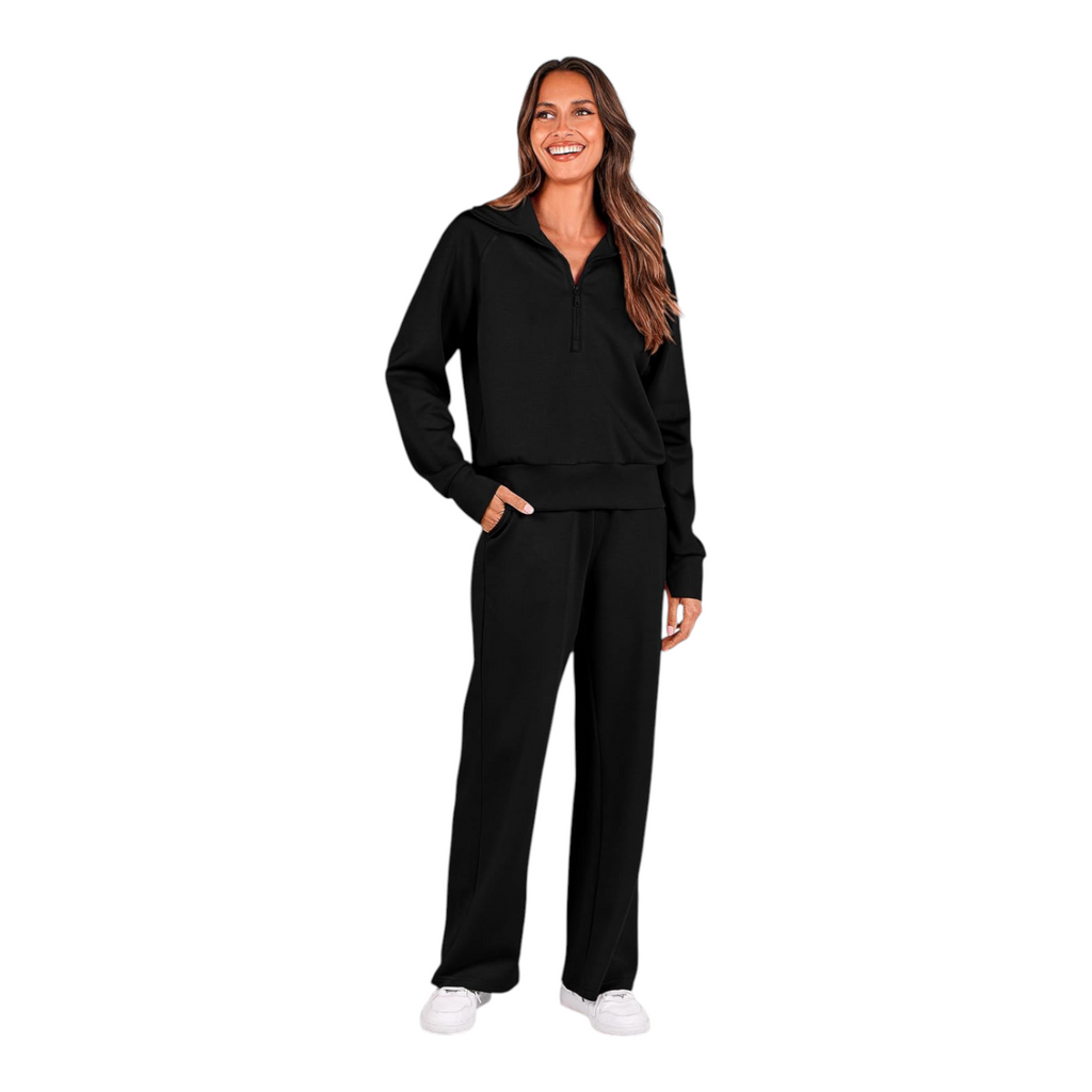 Womens Two Piece Lounge Set with Half Zip Pullover and Wide Leg Pants