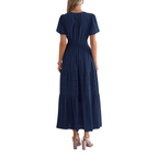 Womens V Neck Short Sleeve Midi Dress with Elastic Waist