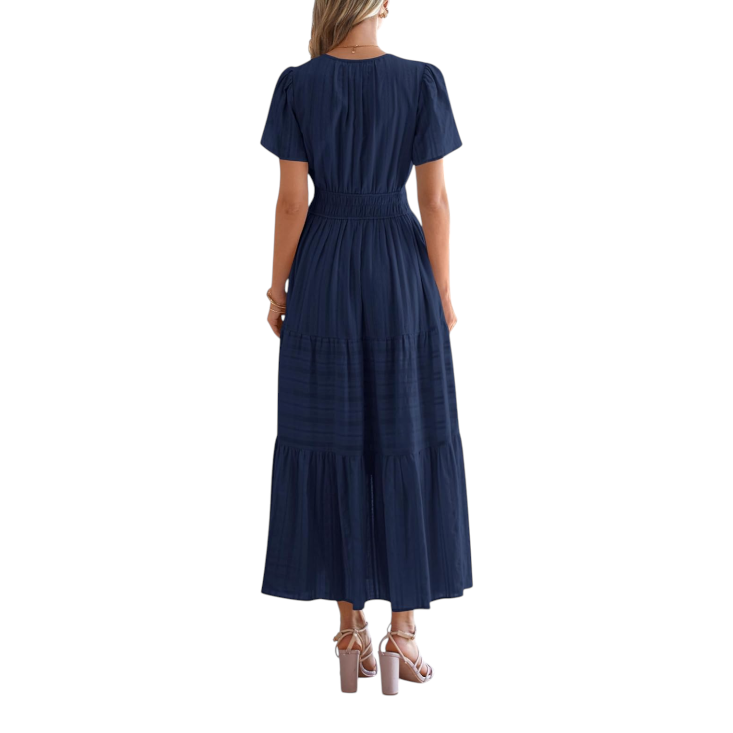 Womens V Neck Short Sleeve Midi Dress with Elastic Waist