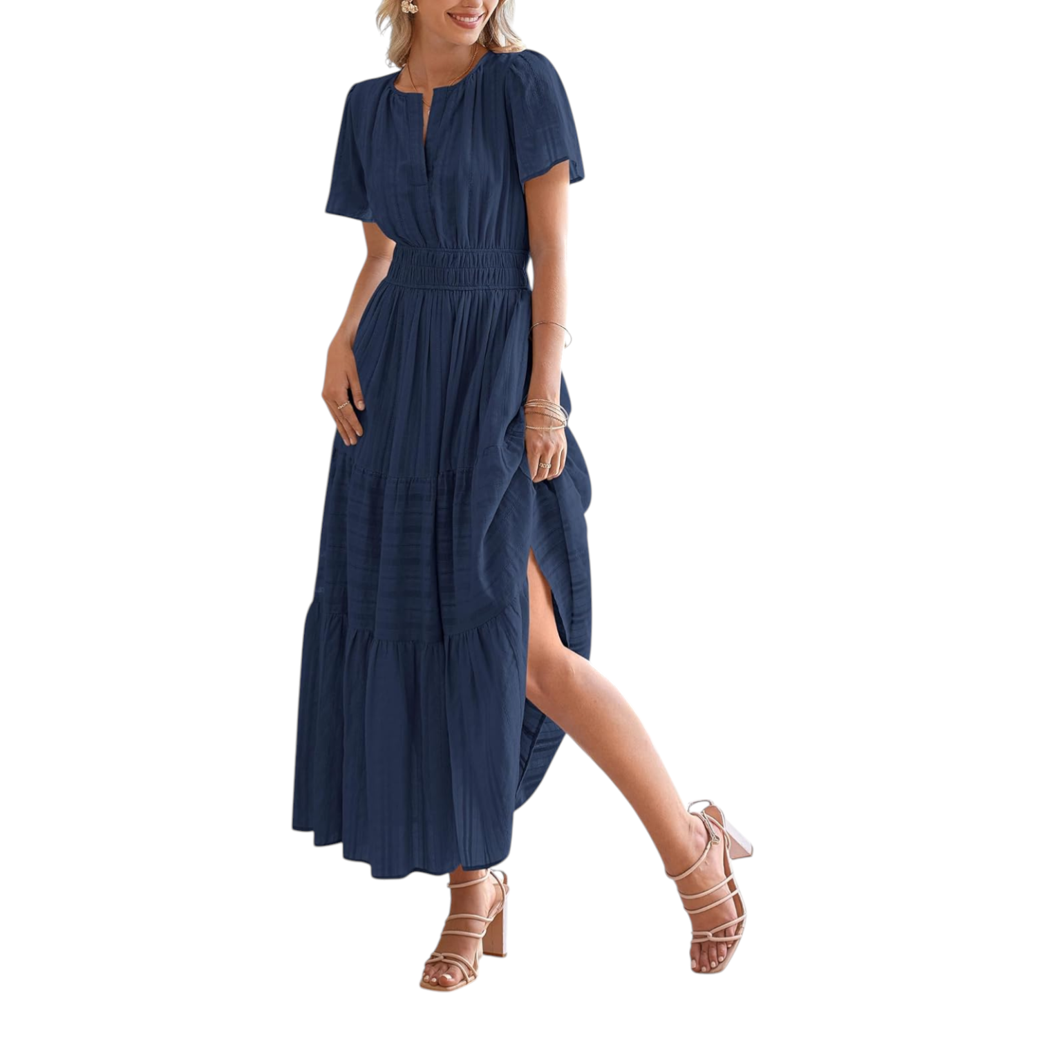 Womens V Neck Short Sleeve Midi Dress with Elastic Waist