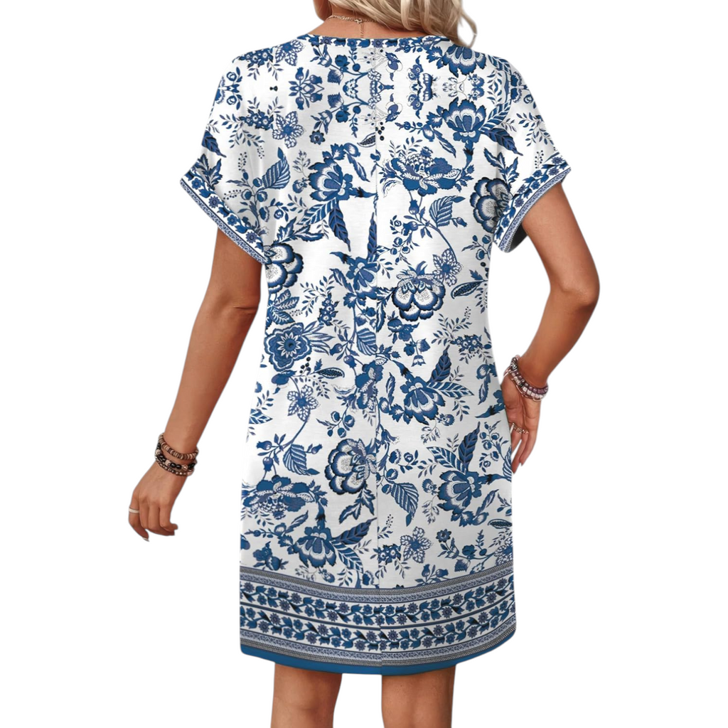 Womens V Neck Floral Print Short Sleeve Dress