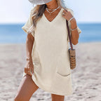Womens Waffle Knit V Neck Short Sleeve Cover Up Dress