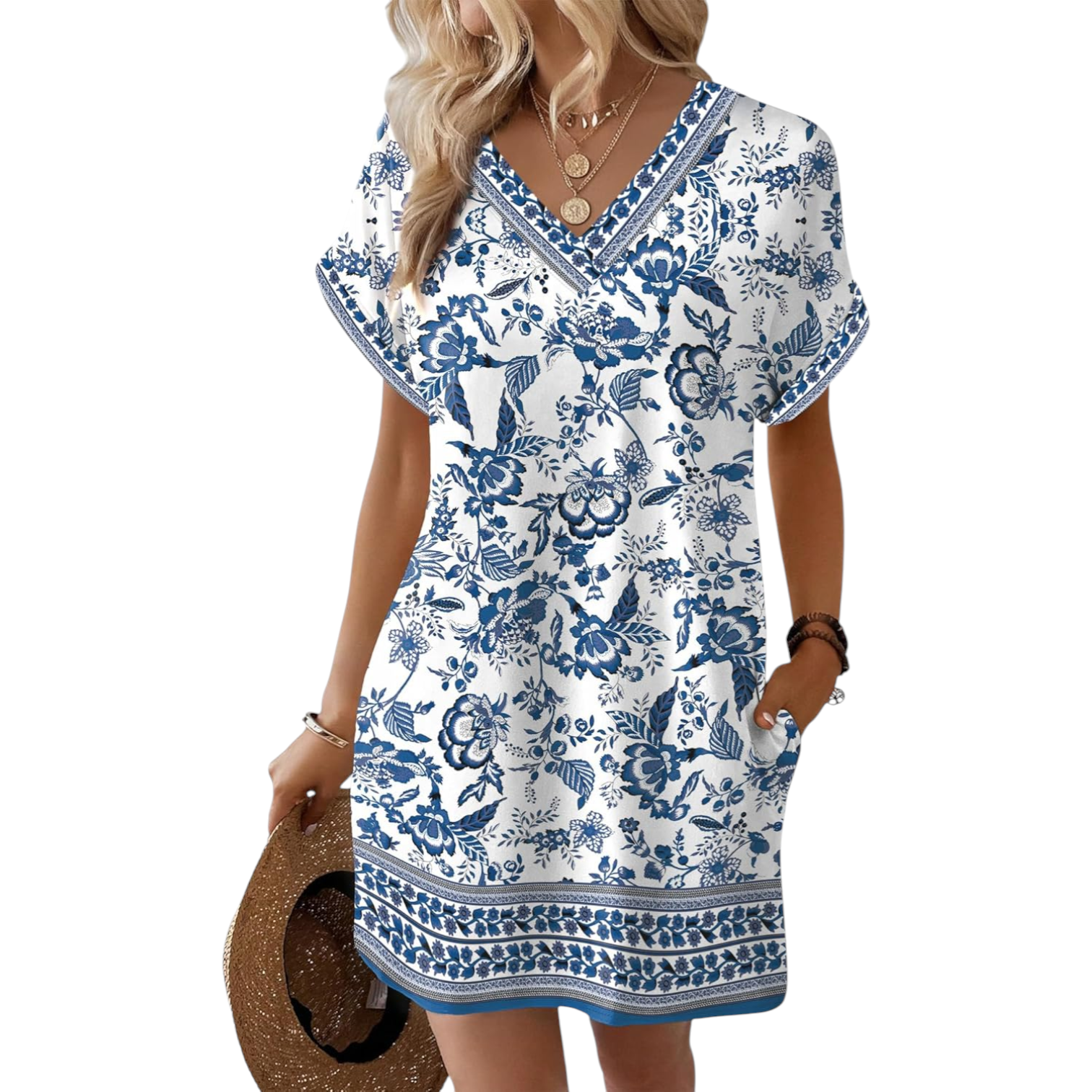 Womens V Neck Floral Print Short Sleeve Dress