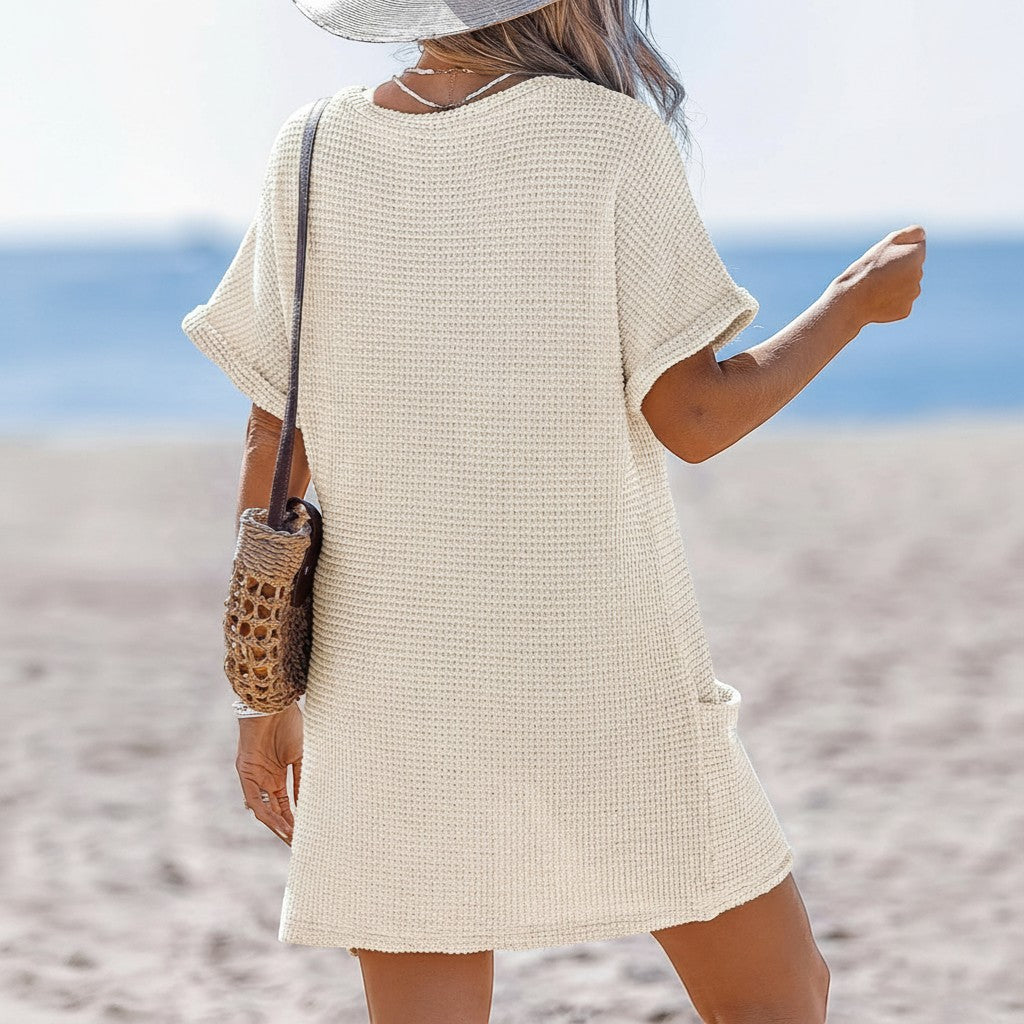 Womens Waffle Knit V Neck Short Sleeve Cover Up Dress