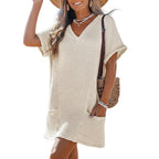 Womens Waffle Knit V Neck Short Sleeve Cover Up Dress