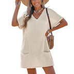 Womens Waffle Knit V Neck Short Sleeve Cover Up Dress
