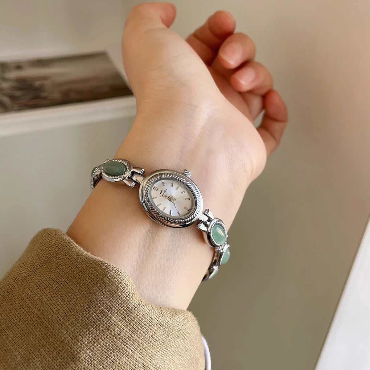 Women's Vintage Oval Bracelet Watch with Stone Links